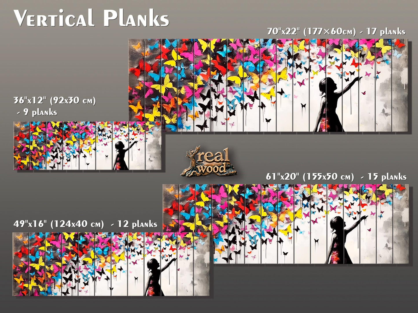 Wood Wall Art | Urban Street Art Print on Natural Wood Plank with Butterflies