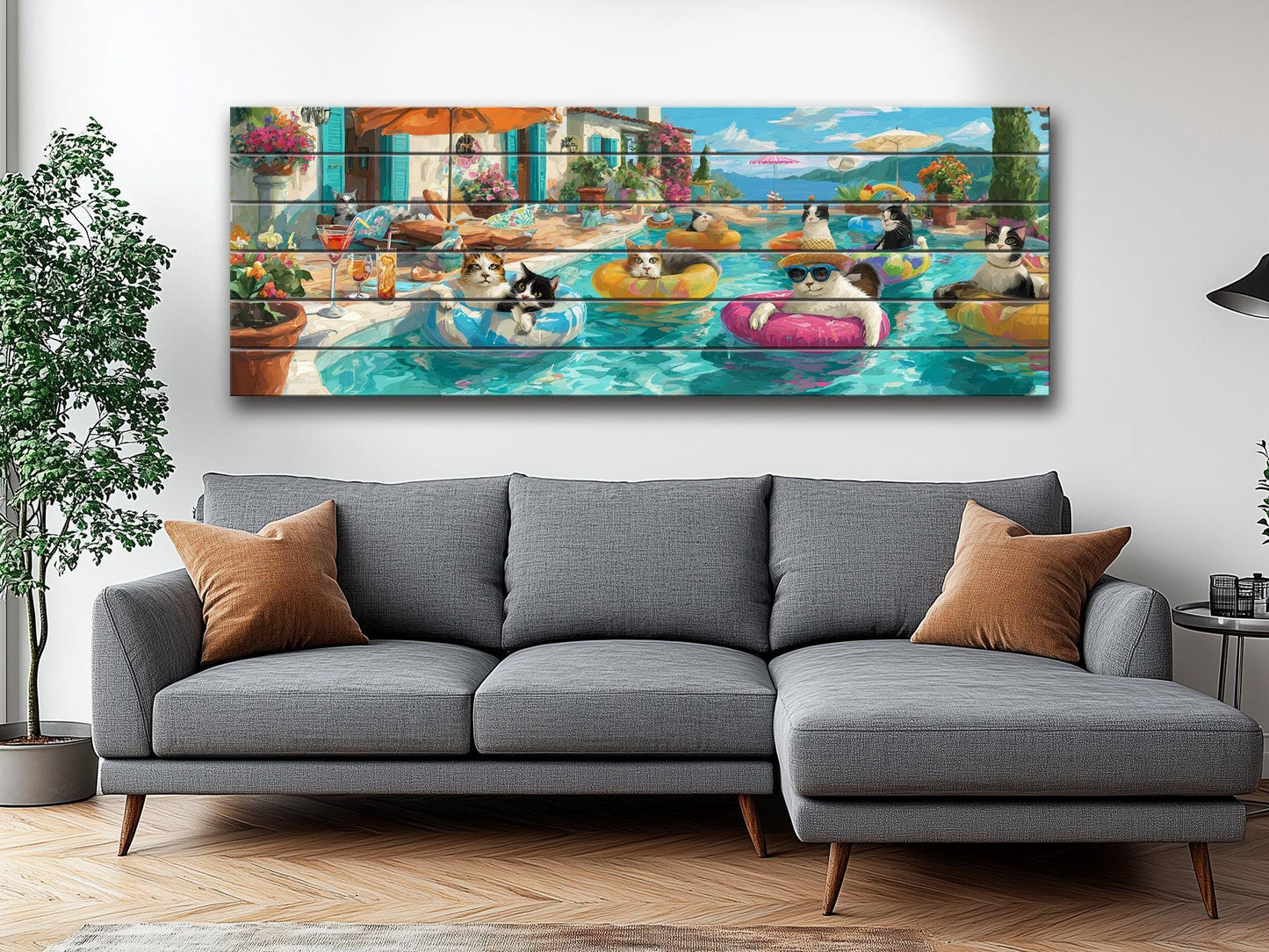 Funny Cat Wall Art – Playful Cat Pool Party Print on Rustic Wood Decor