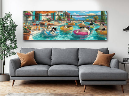Funny Cat Wall Art – Playful Cat Pool Party Print on Rustic Wood Decor
