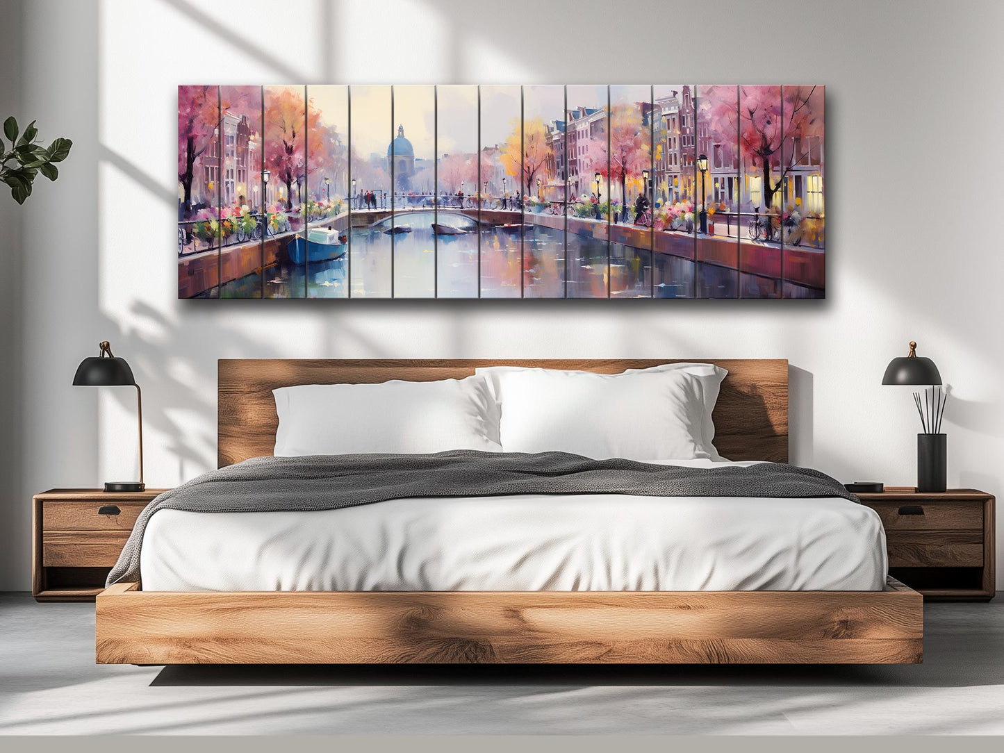 Amsterdam Wood Wall Art – Rustic Abstract Skyline Print on Natural Wood Texture