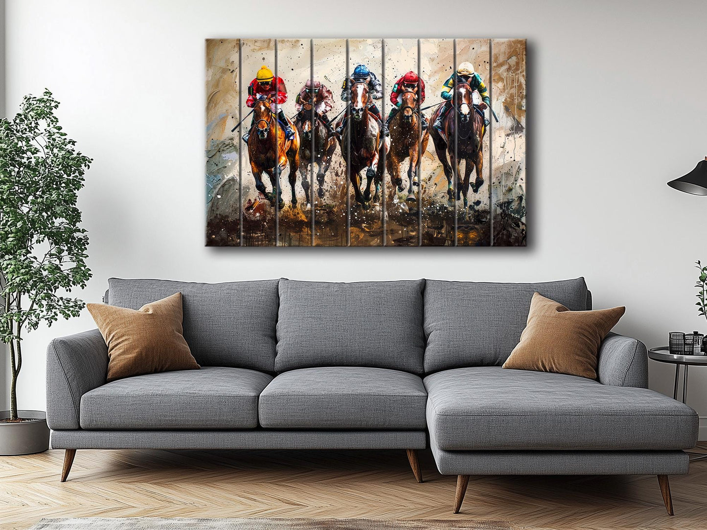 Horse Racing Painting Printed on Wood, Horses Wall Art, Horse Racing Fan Gift, Kentucky Derby Wall Art, Rustic Natural Wood Print