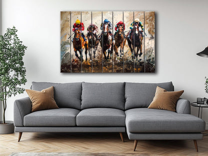 Horse Racing Painting Printed on Wood, Horses Wall Art, Horse Racing Fan Gift, Kentucky Derby Wall Art, Rustic Natural Wood Print