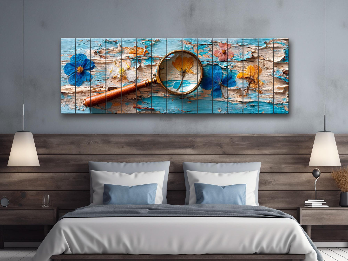 Pressed Flowers Wood Print – Rustic Nature Art on Blue Peeling Paint Wood Planks
