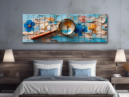 Pressed Flowers Wood Print – Rustic Nature Art on Blue Peeling Paint Wood Planks