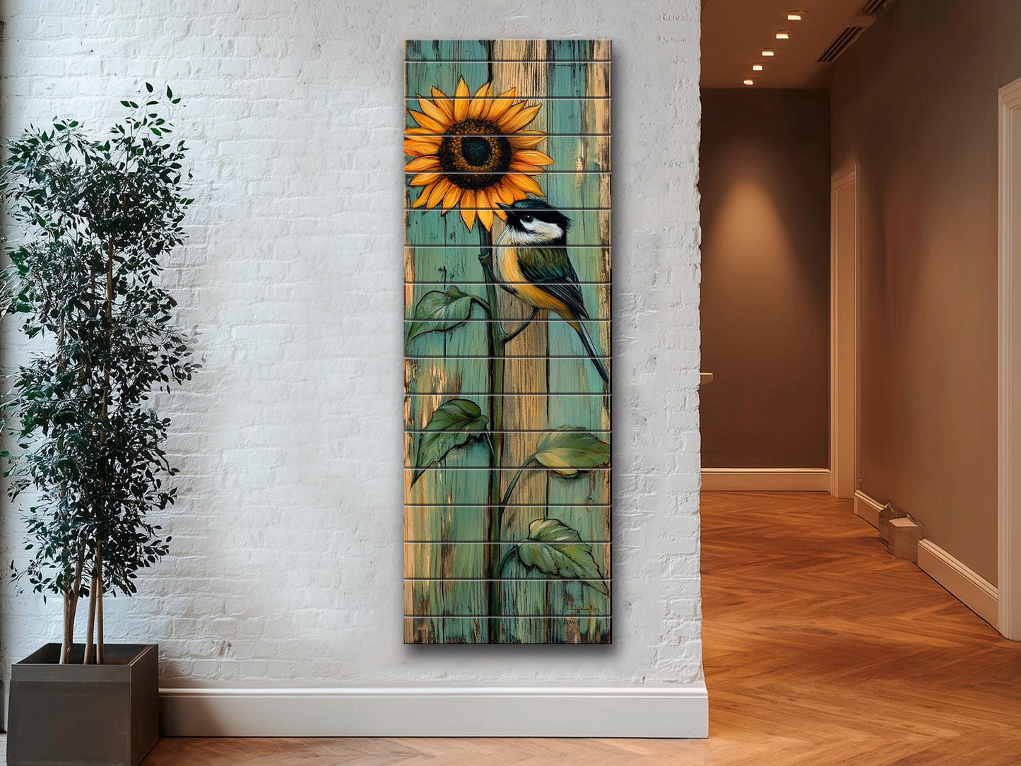 Wood Wall Art – Rustic Chickadee Bird Painting on Sunflower Plank Decor