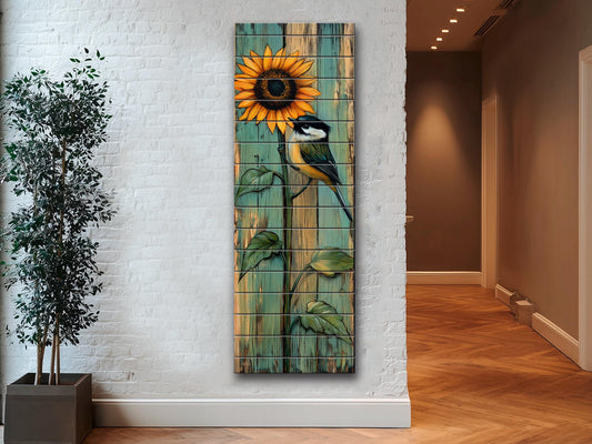 Wood Wall Art – Rustic Chickadee Bird Painting on Sunflower Plank Decor