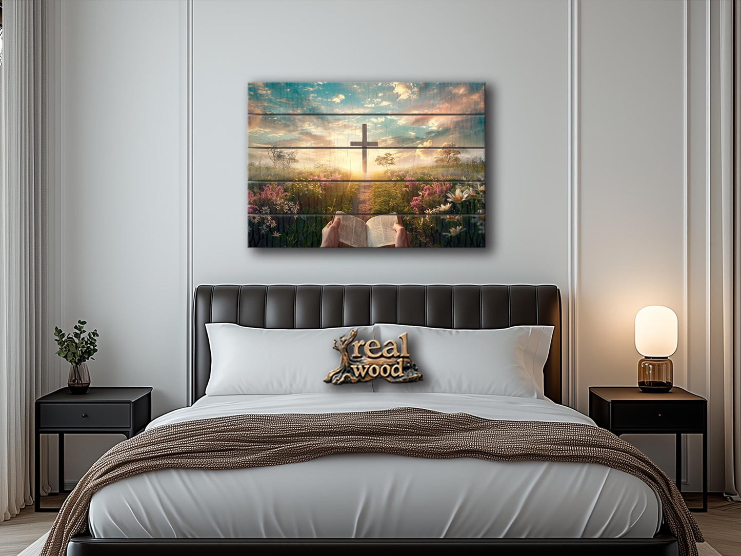 Wood Wall Art - Rustic Bible Cross Painting | Handcrafted Wooden Art with Natural Wood Grain Texture