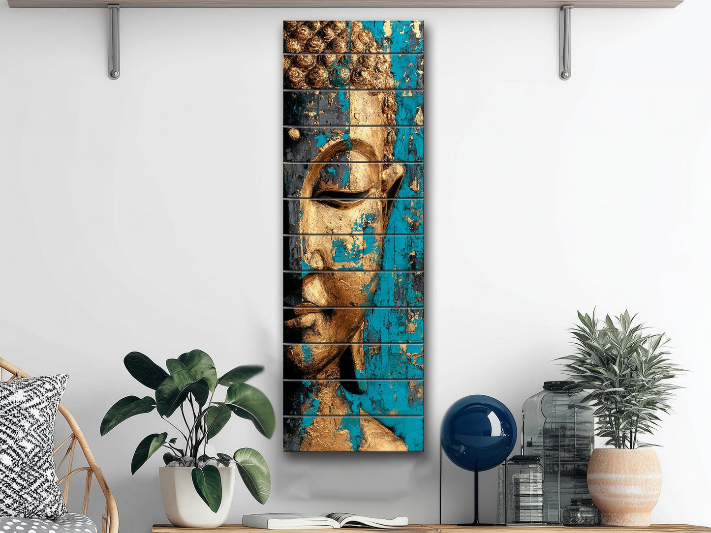 Golden Buddha Wall Art – Turquoise Blue Wooden Print | Rustic Spiritual Decor