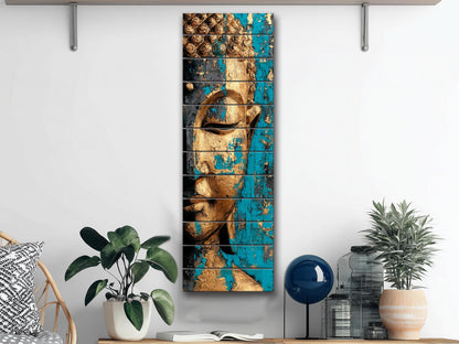 Golden Buddha Wall Art – Turquoise Blue Wooden Print | Rustic Spiritual Decor