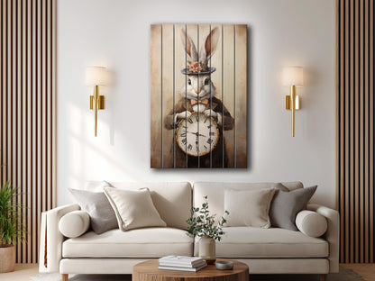 Vintage Rabbit Art – Rustic Wood Wall Art With Whimsical Animal Print Clock