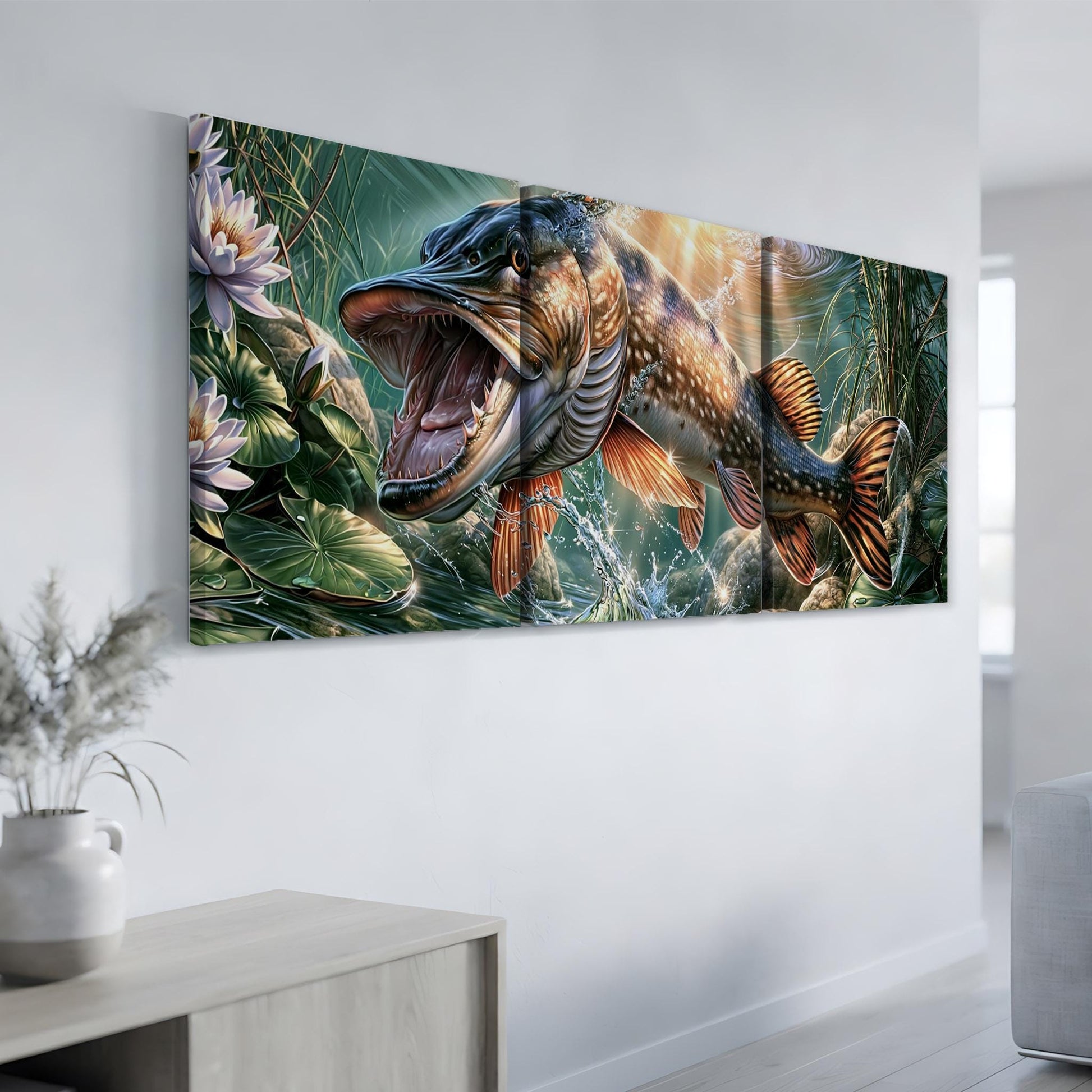 a large, colorful painting of a fish with an open mouth, surrounded by aquatic plants and flowers, hanging on a wall in a room.