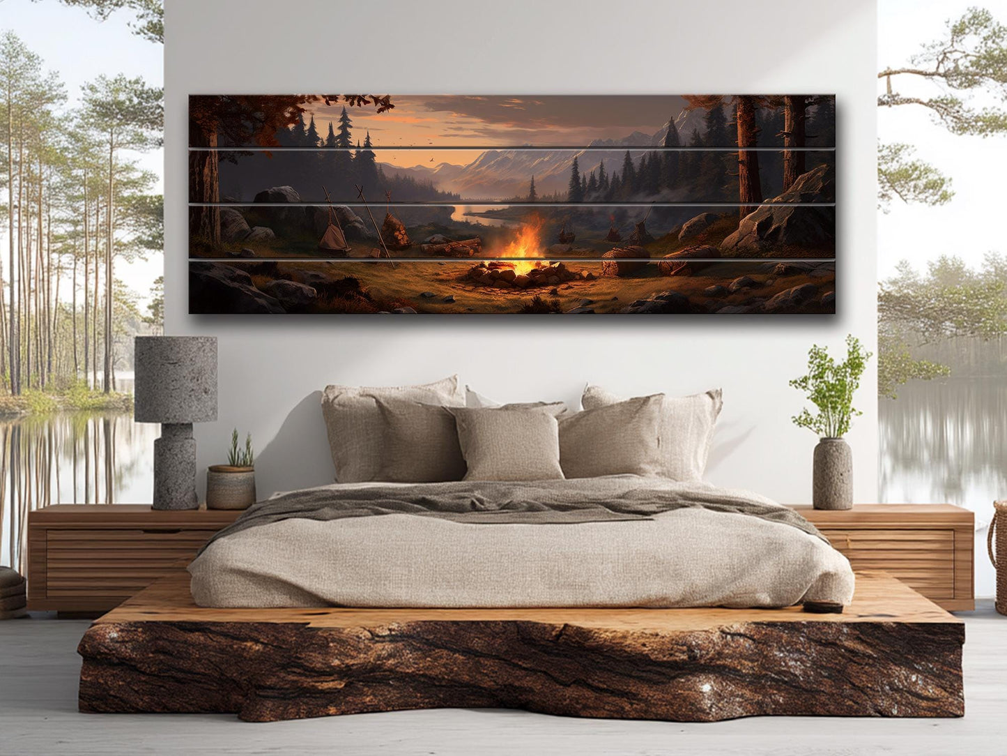 Rustic Wood Wall Art – Bonfire Forest Print on Natural Wood Plank Art