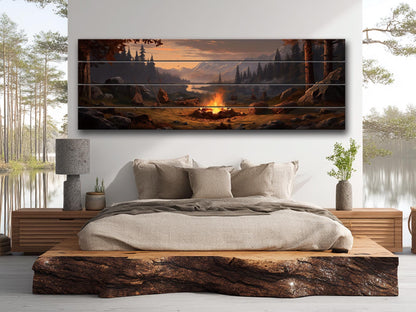 Rustic Wood Wall Art – Bonfire Forest Print on Natural Wood Plank Art