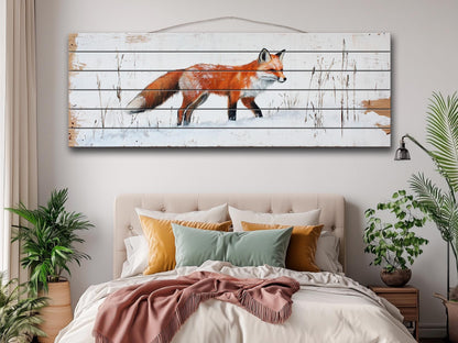 Rustic Wood Wall Art - Sly Fox in Snow Painting Printed on Wood, Hunting Wall Art, Forest Animals Print, Hunter Gift, Forest Cabin Decor