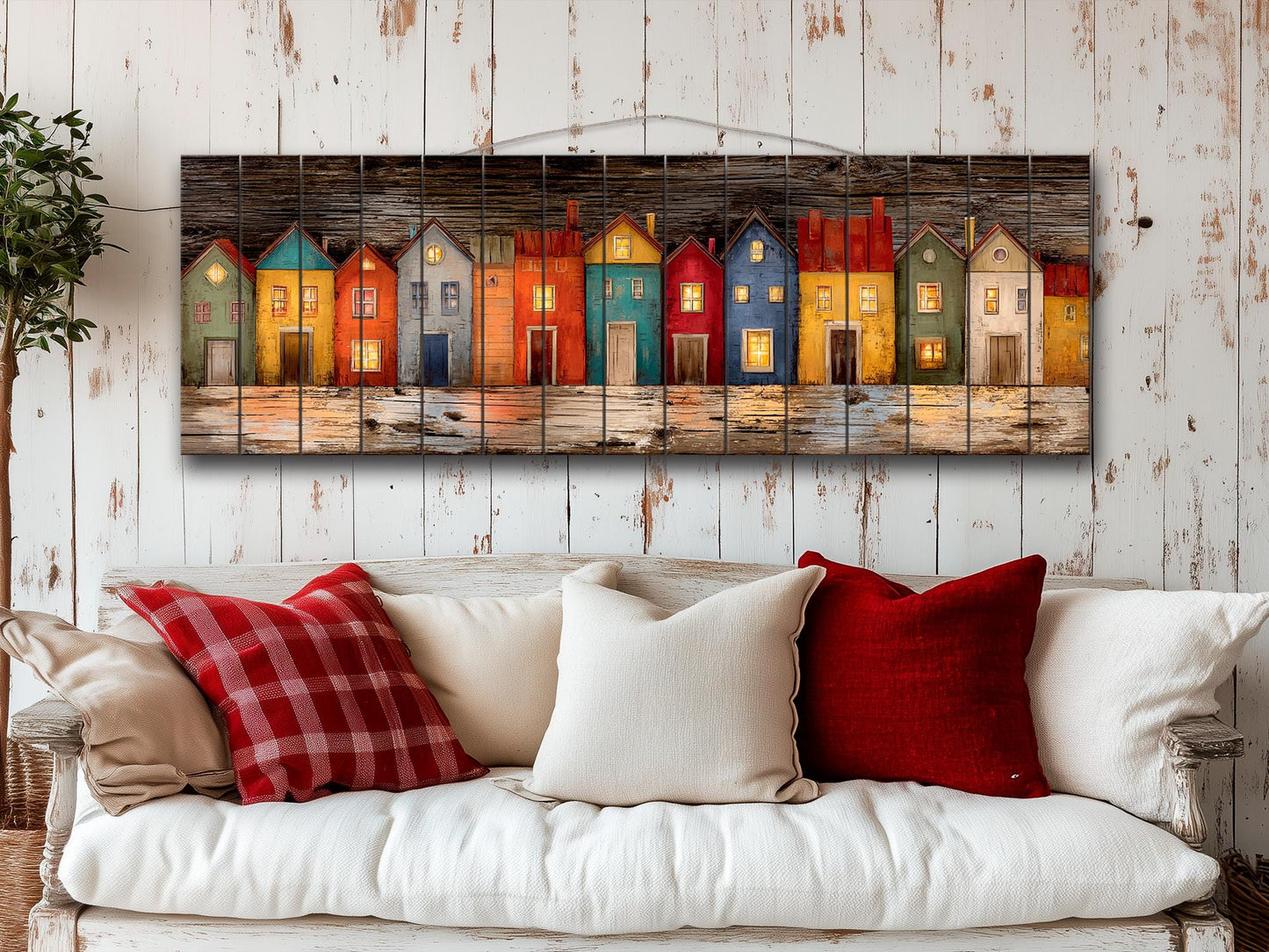 Wood Wall Art – Colorful Houses Print on Natural Wood with Glowing Windows