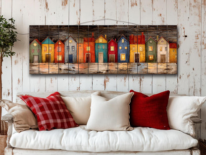 Wood Wall Art – Colorful Houses Print on Natural Wood with Glowing Windows