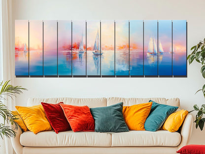 Nautical Wood Wall Art – Abstract Sailboats Painting Printed on Wood, Rustic Coastal Decor