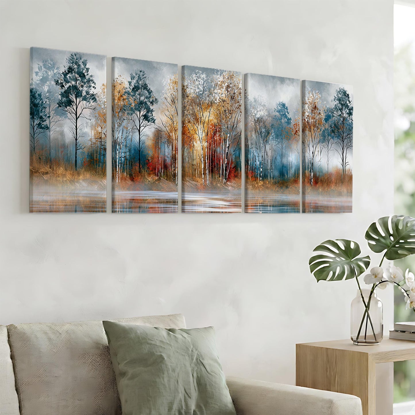 a living room with a large, colorful painting of a forest scene hanging on the wall above a couch.