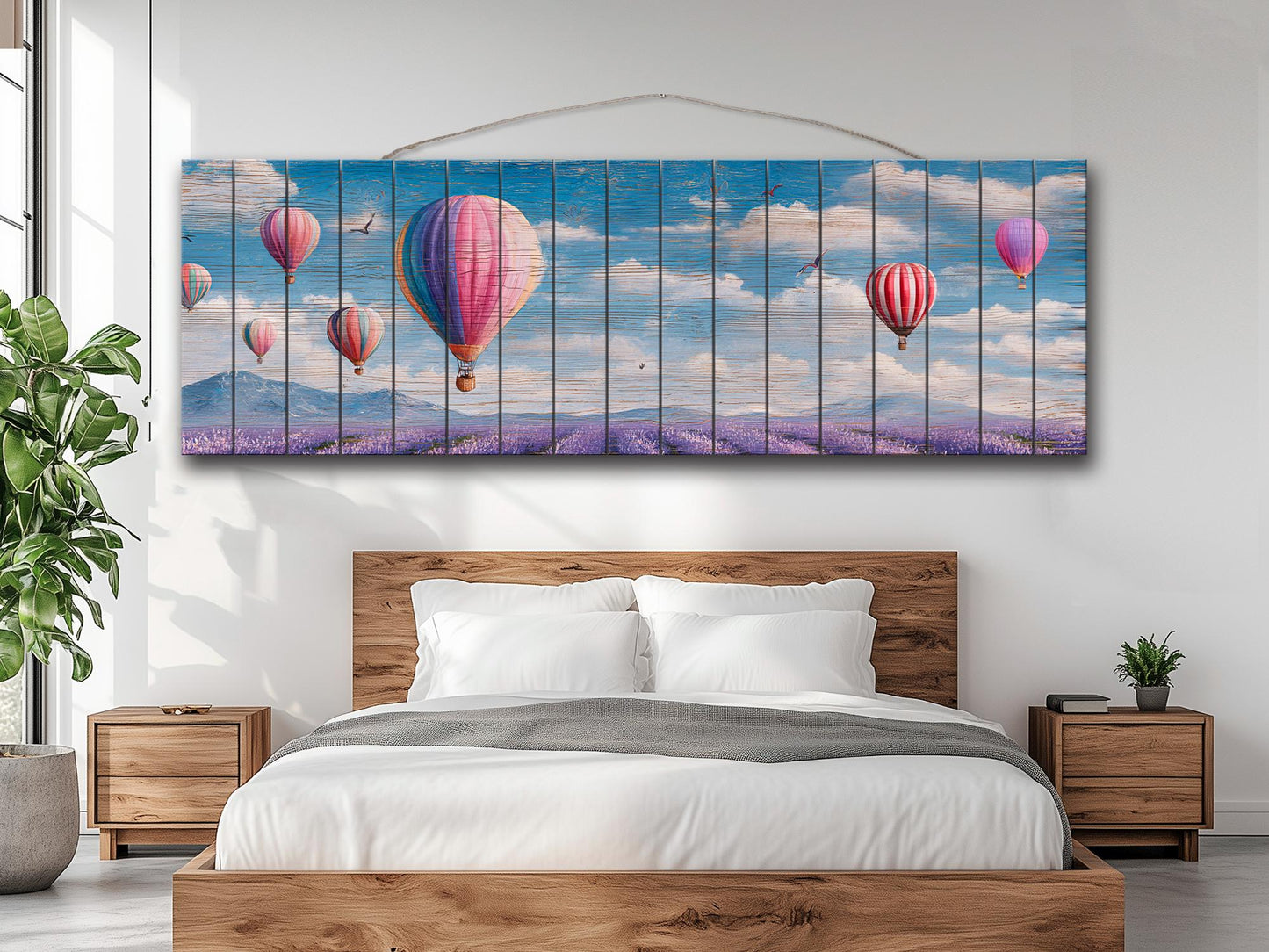 Romantic Hot Air Balloons Over Lavender Fields Print on Natural Wood, Soft Tone Painting, Soft Tones Balloons Wall Art, Wood Wall Art