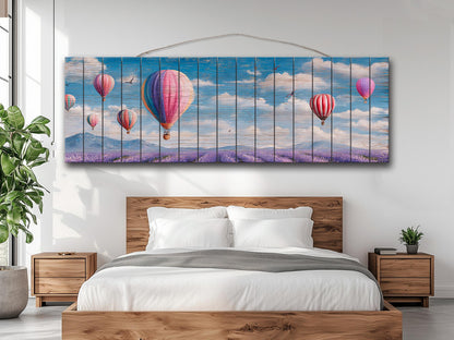 Romantic Hot Air Balloons Over Lavender Fields Print on Natural Wood, Soft Tone Painting, Soft Tones Balloons Wall Art, Wood Wall Art
