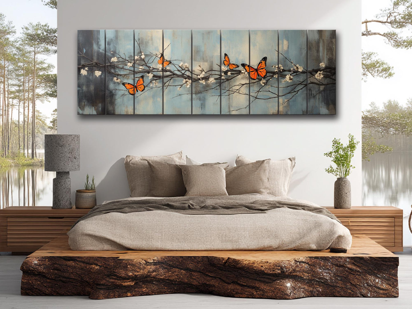 Butterflies on Blossoming Branch Print on Natural Wood – Rustic Nature Wall Art