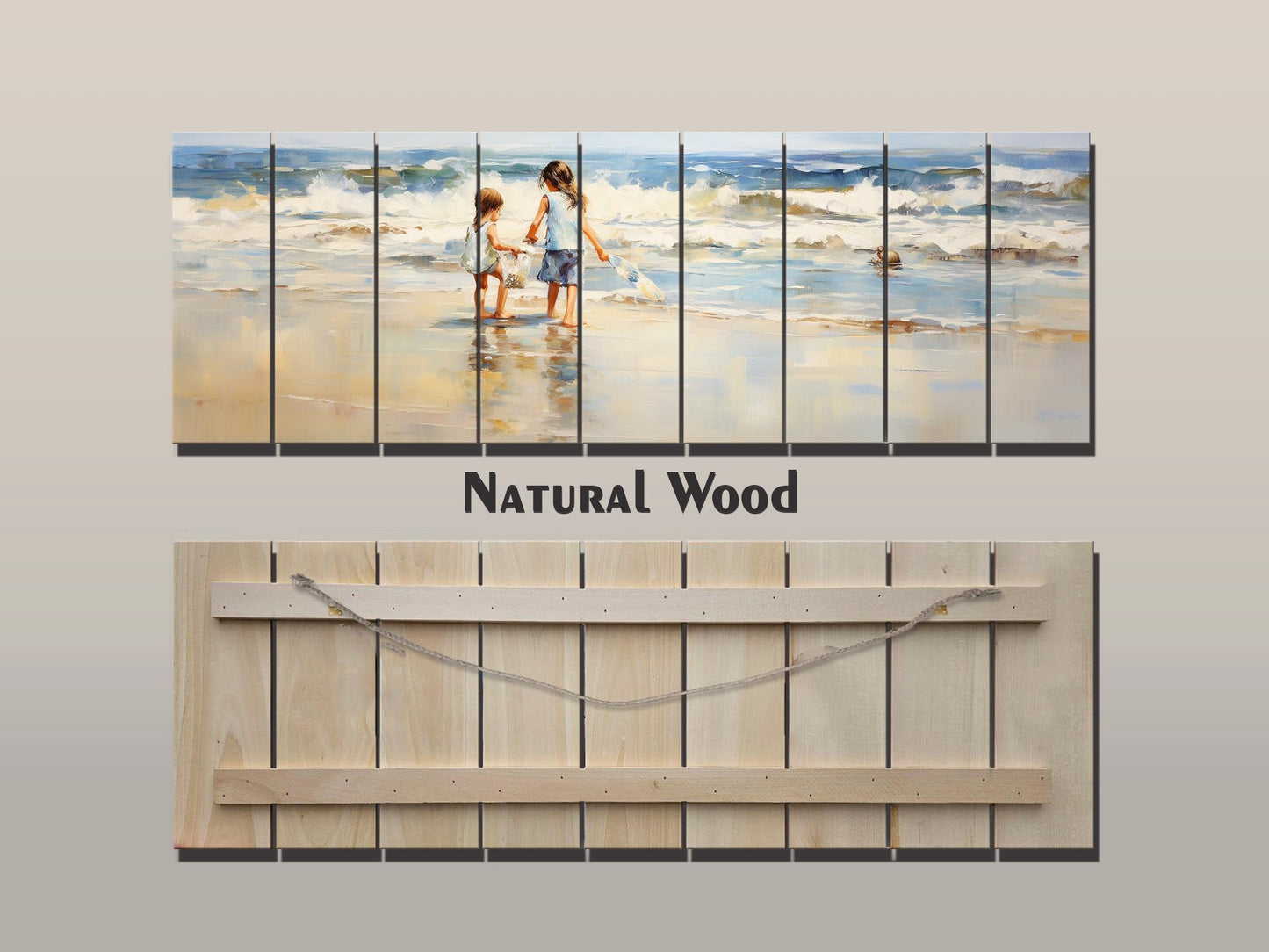 Rustic Wood Wall Art | Wooden Beach Painting with Warm Wood Texture for Kids Room