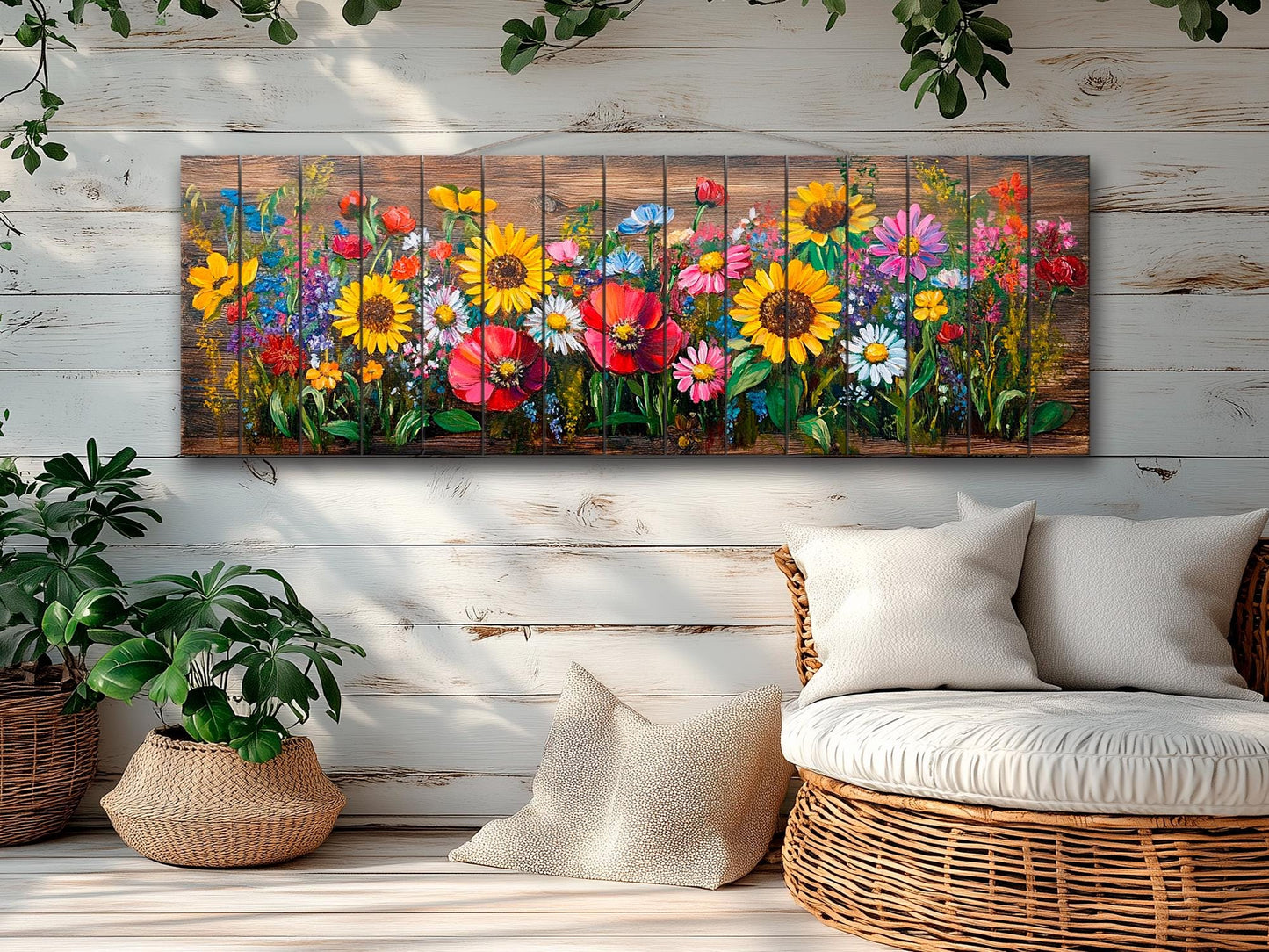 Wood Wall Art – Rustic Floral Wall Art with Daisy Sunflower Poppy Summer Print