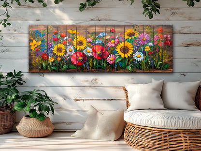 Wood Wall Art – Rustic Floral Wall Art with Daisy Sunflower Poppy Summer Print