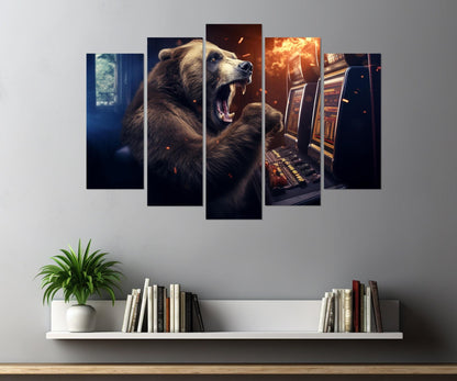 Casino Wall Art – Funny Bear Playing Slot Machines Framed Canvas Print