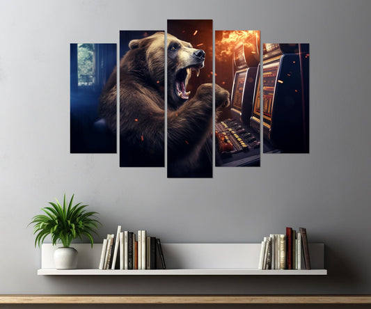 Casino Wall Art – Funny Bear Playing Slot Machines Framed Canvas Print