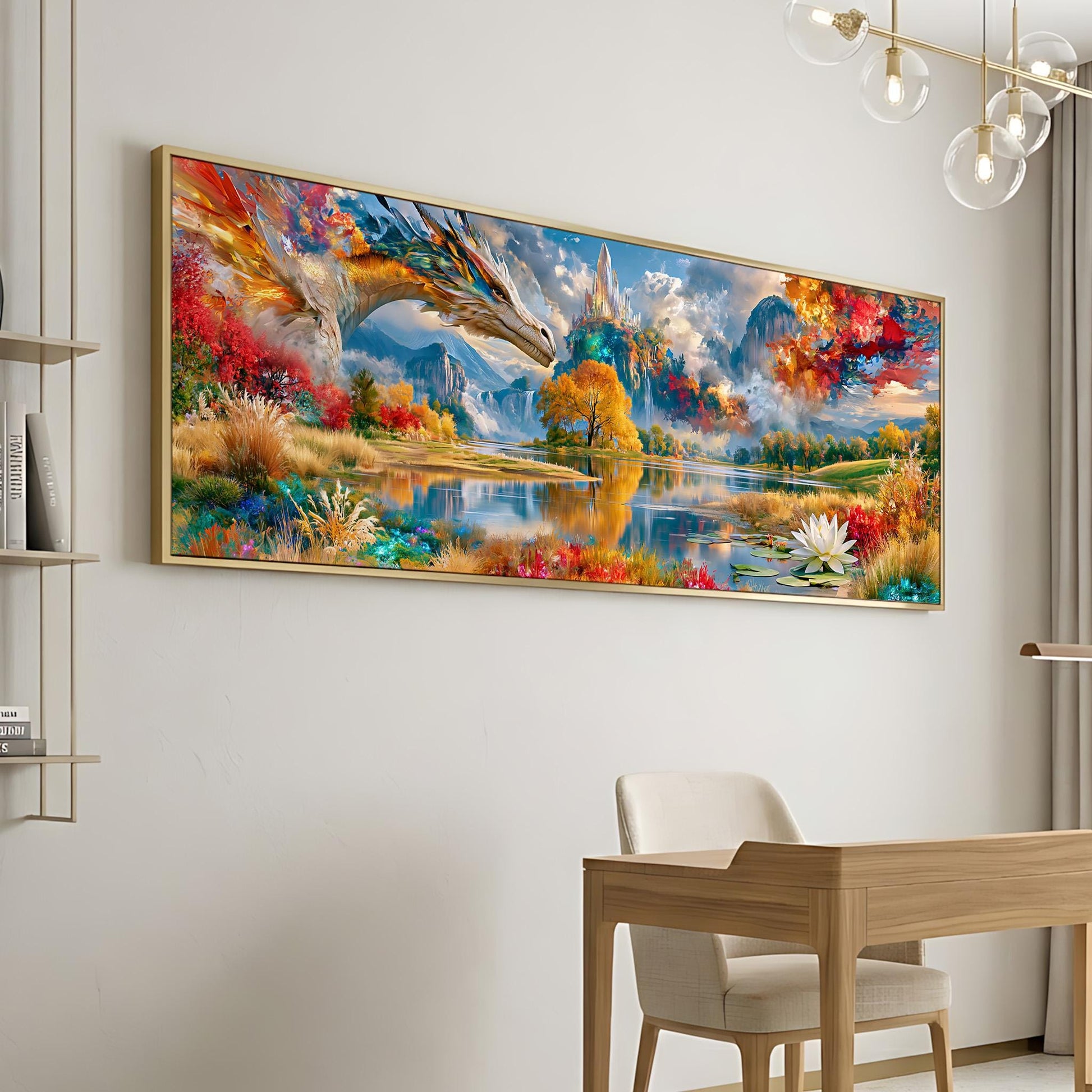 a large, colorful painting of a dragon-like creature in a vibrant, fantastical landscape, hanging on a wall above a wooden desk and chair.