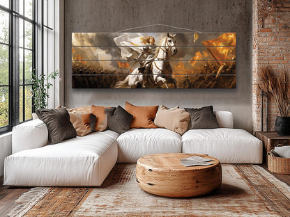 Warrior on Horse Print – Natural Wood Art | Medieval Battle Scene Wall Hanging