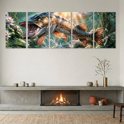 a large, colorful painting of a fish with an open mouth, displayed on a wall above a fireplace.