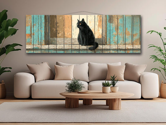Black Cat Wood Art – Rustic Wood Print | Cozy Beige Aqua Wall Decor