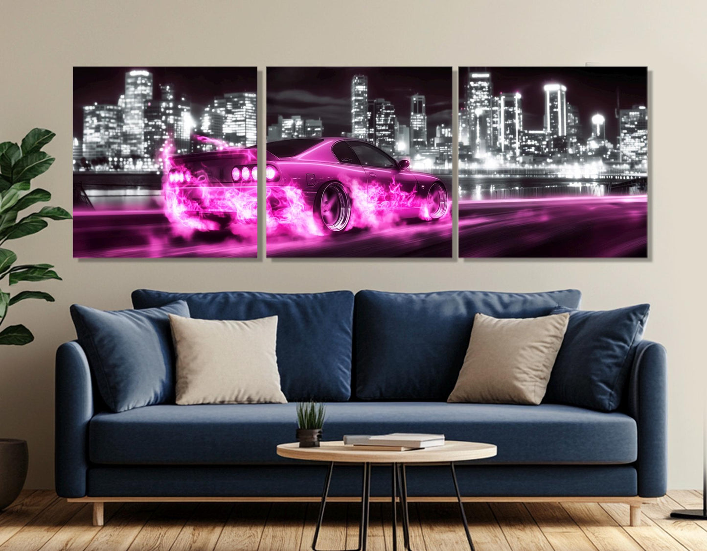 Pink Retro Sports Car | Neon Car Poster - Black and White Cityscape Wall Art