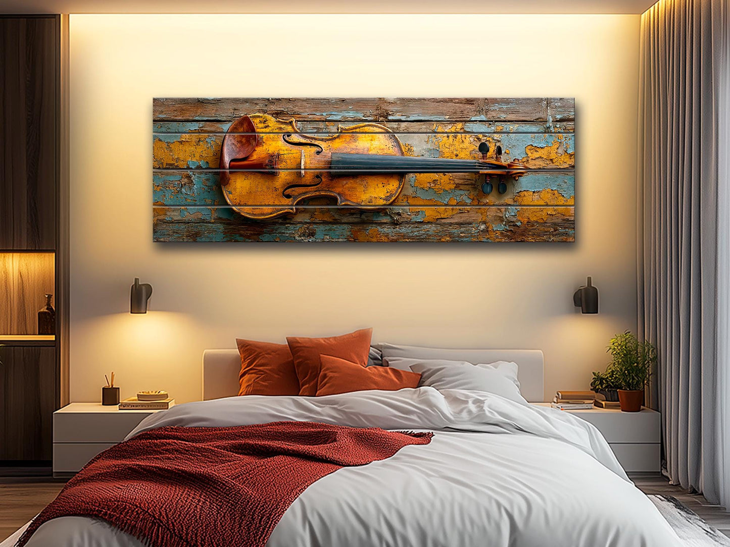 Violin Wood Print – Rustic Music Art on Smooth Linden Wood Planks | Farmhouse Wall Decor