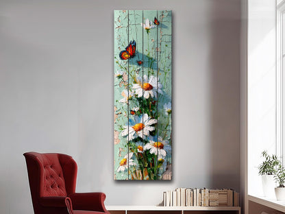 Butterfly and Daisies Wall Art – Rustic Floral Decor on Wooden Panels for Farmhouse Style