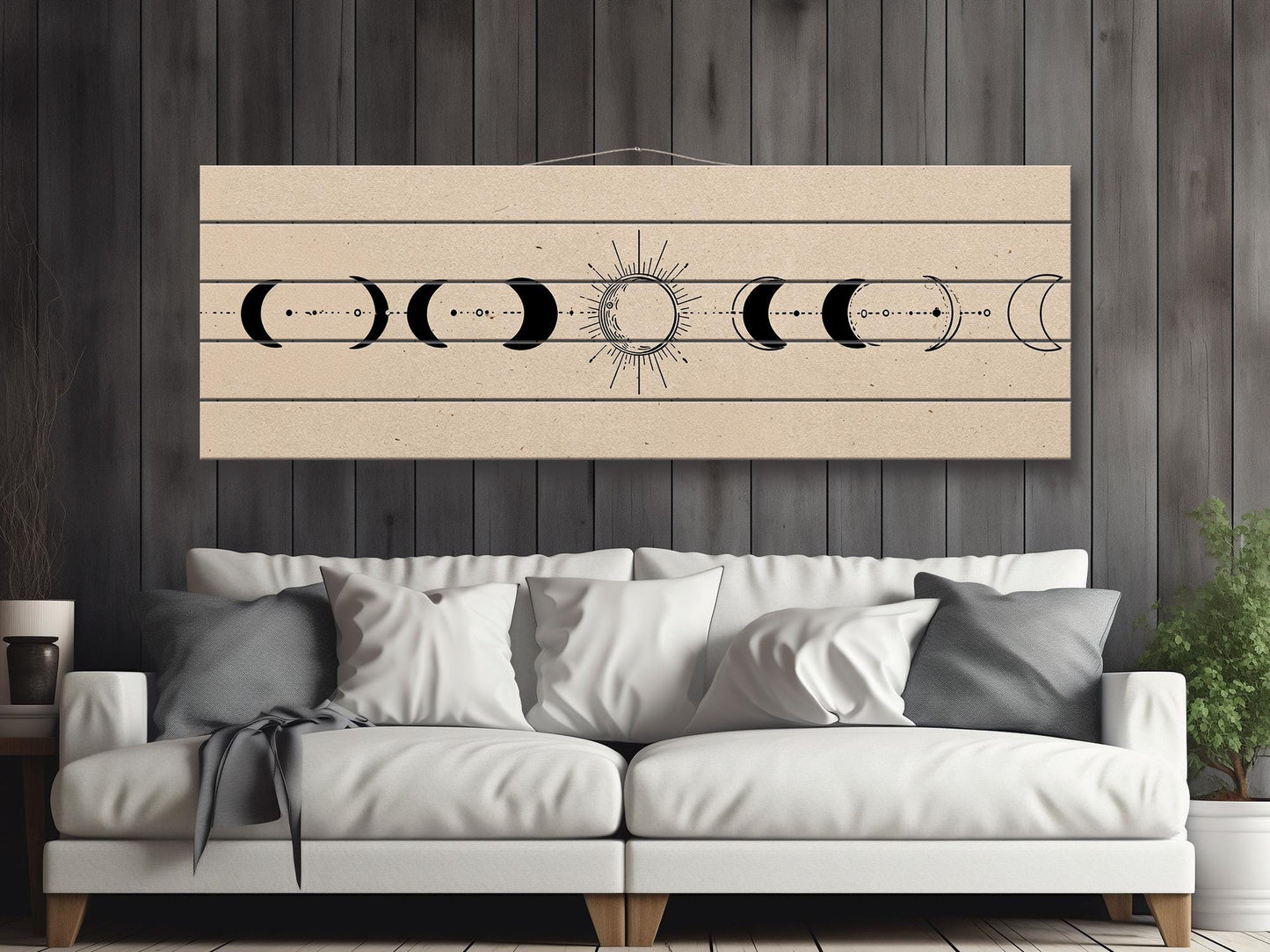 Moon Phases Print on Wood, Minimalist Lunar Cycle Painting, Rustic Wall Decor, Boho Wall Art