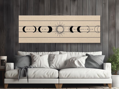 Moon Phases Print on Wood, Minimalist Lunar Cycle Painting, Rustic Wall Decor, Boho Wall Art