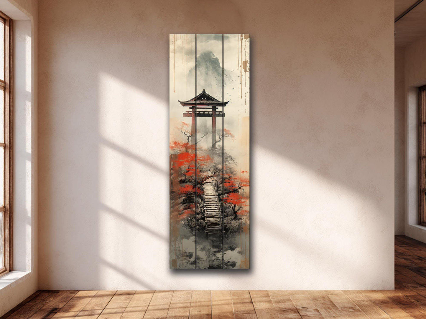 Japanese Torii Gate Wall Art – Misty Mountain Zen Landscape Decor on Wood Panel