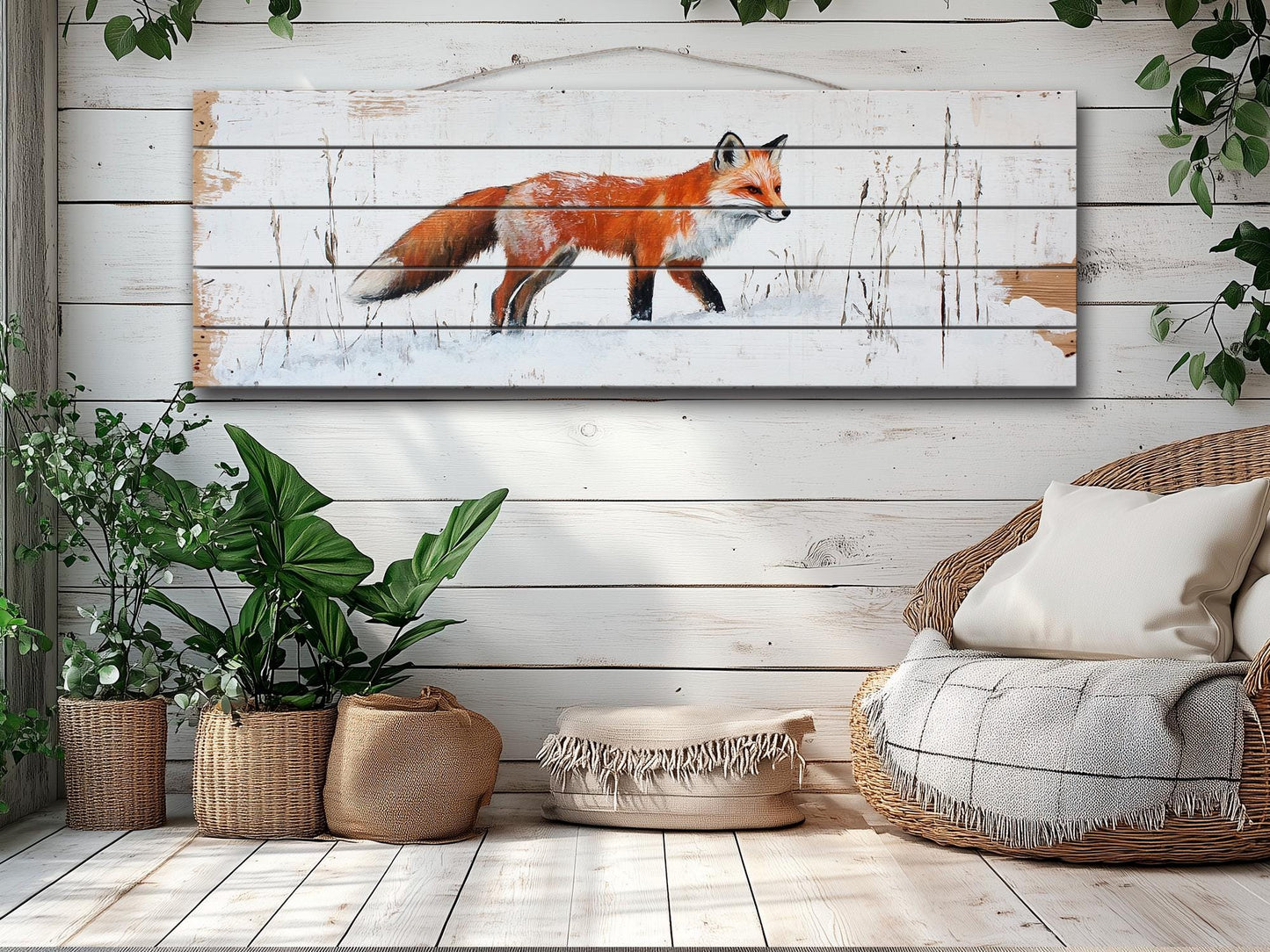 Rustic Wood Wall Art - Sly Fox in Snow Painting Printed on Wood, Hunting Wall Art, Forest Animals Print, Hunter Gift, Forest Cabin Decor