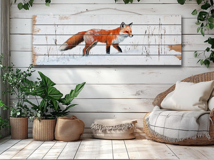 Rustic Wood Wall Art - Sly Fox in Snow Painting Printed on Wood, Hunting Wall Art, Forest Animals Print, Hunter Gift, Forest Cabin Decor