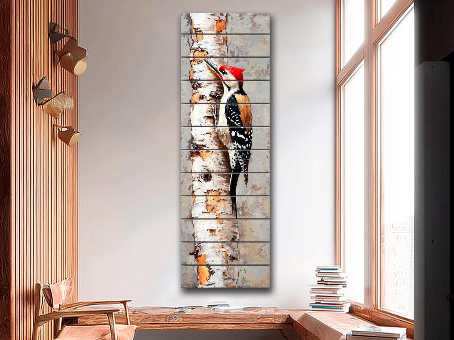 Wood Wall Art – Rustic Woodpecker Wall Hanging on Birch – Cozy Cabin Decor