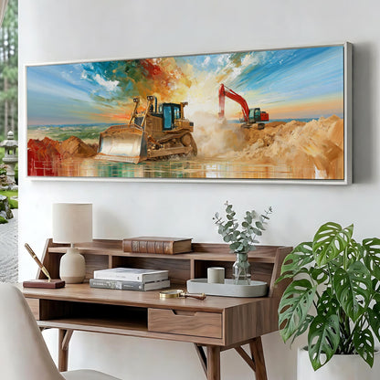 a large painting of a bulldozer on a construction site, with a wooden desk and various decorative items in the foreground.