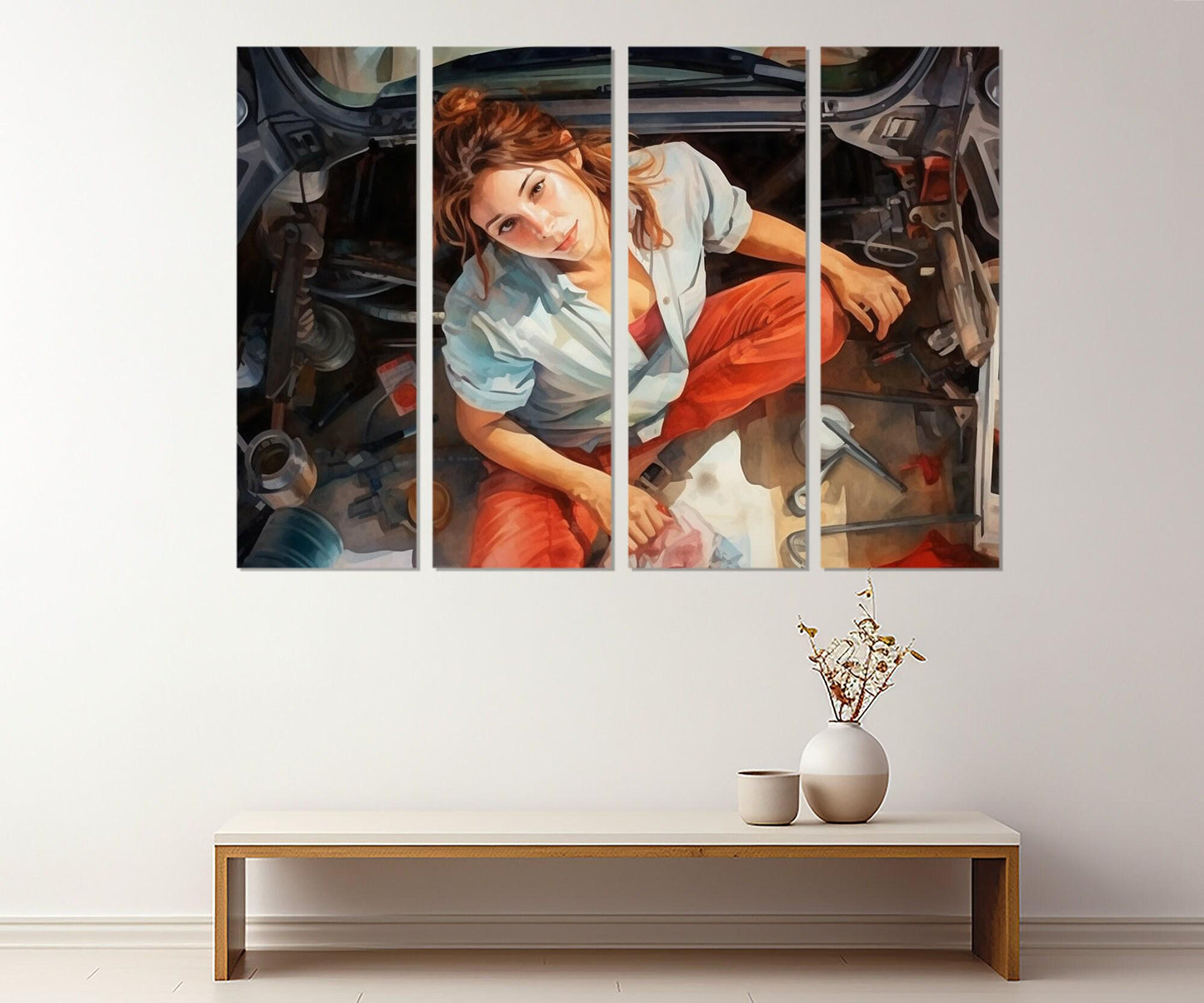 Mechanic Woman Canvas – Retro Mechanic Print | Workshop Wall Decor, Framed Canvas Art