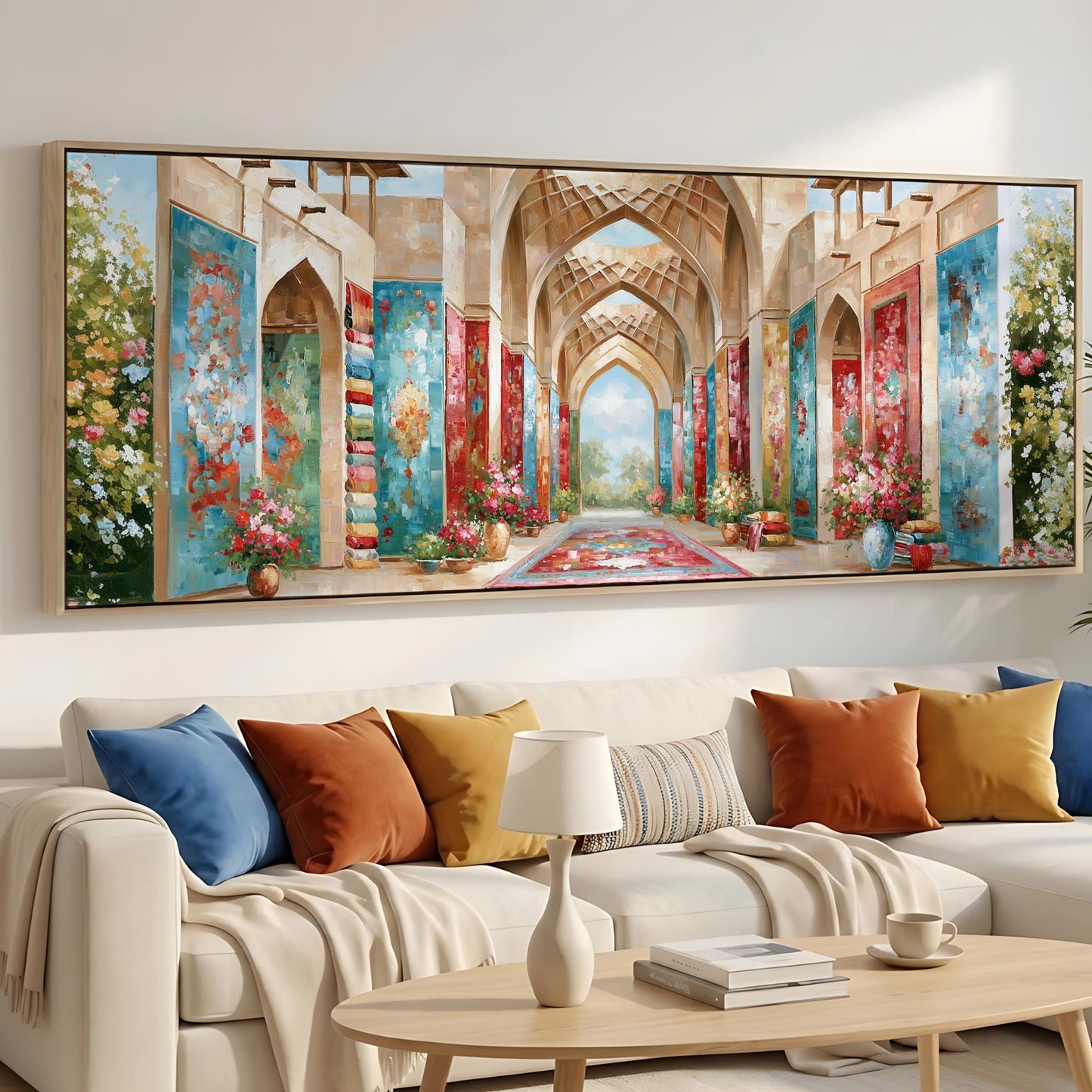 a large, colorful painting of an ornate, arched hallway with floral decorations hanging from the walls. The painting is displayed on the wall above a white sofa with colorful throw pillows.
