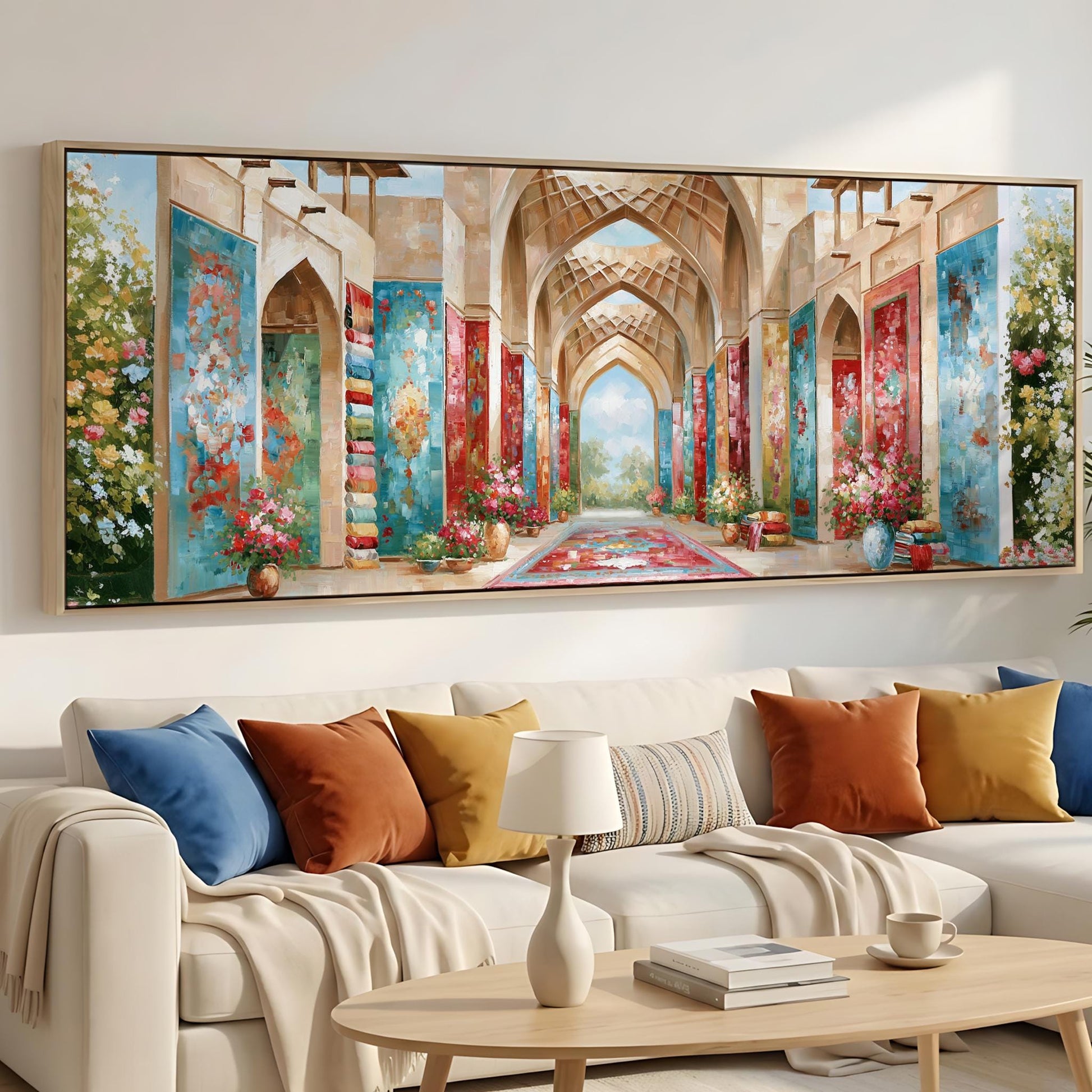 a large, colorful painting of an ornate, arched hallway with floral decorations hanging from the walls. The painting is displayed on the wall above a white sofa with colorful throw pillows.