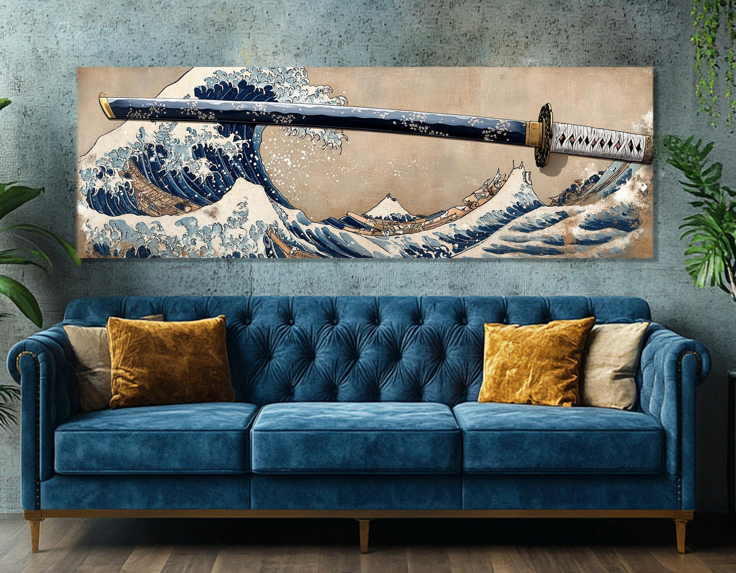 Japanese Wall Art - The Great Wave Off Kanagawa & Samurai Sword Framed Canvas Print