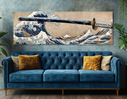 Japanese Wall Art - The Great Wave Off Kanagawa & Samurai Sword Framed Canvas Print