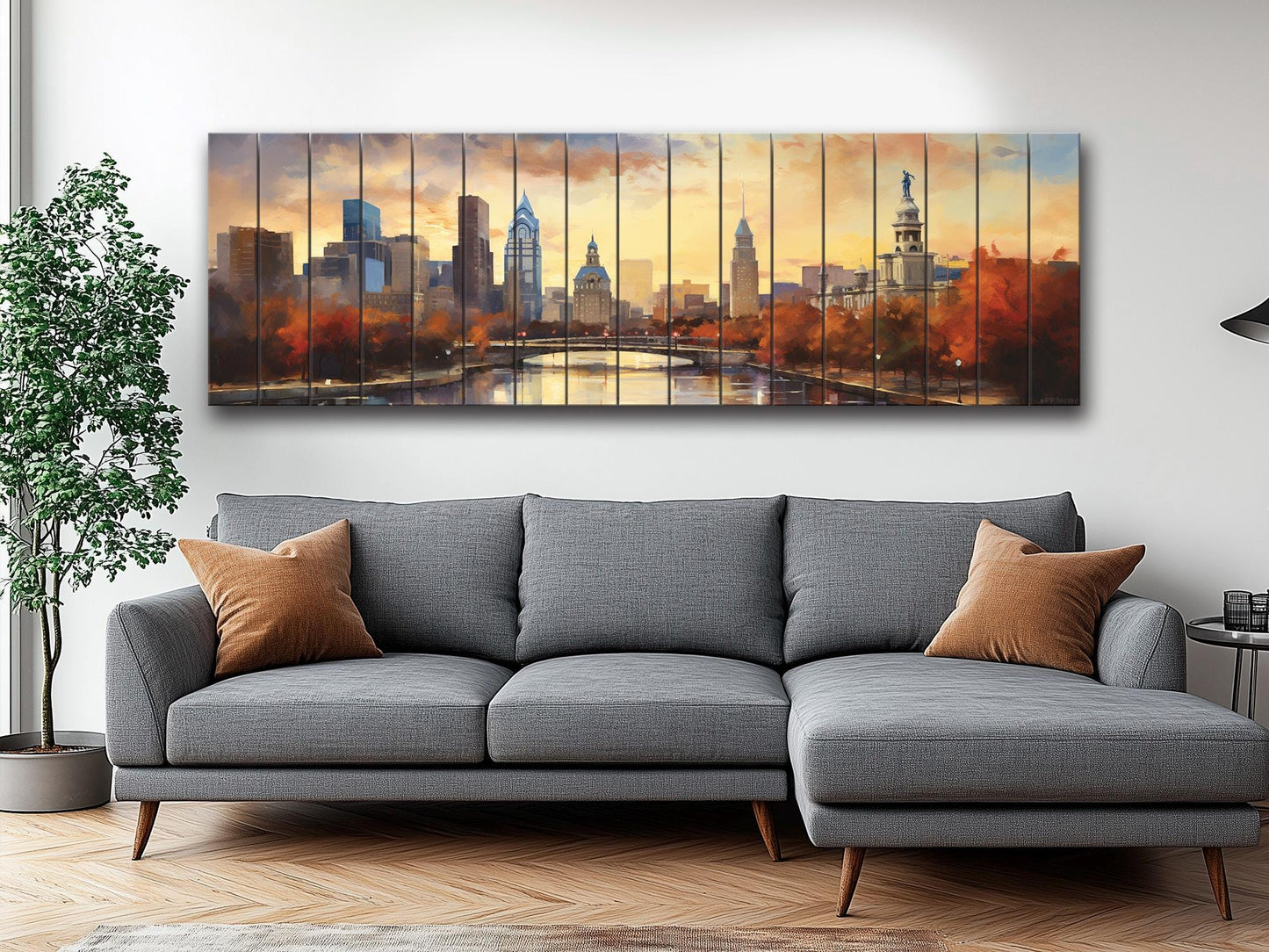 Philadelphia Wood Wall Art – Rustic Abstract Skyline Print on Natural Wood Grain